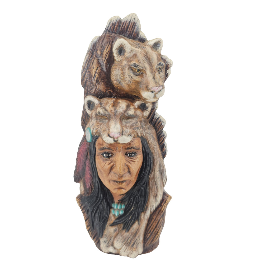 Vintage Native American Indian Chief with Mountain Lion Headdress 10-1/2"